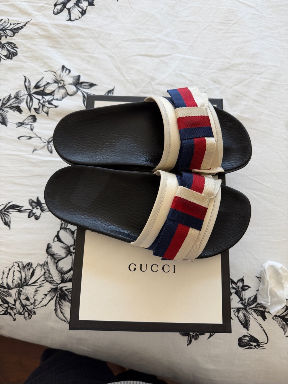 Gucci Black Slides with Red, White and Blue Web Straps